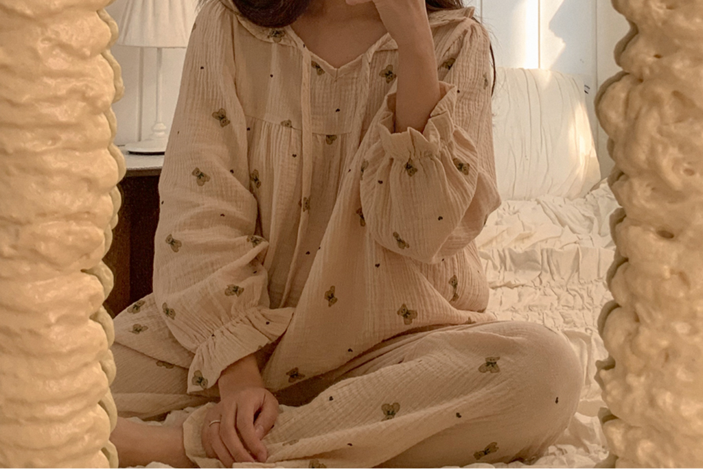 Vintage Bear Crinkled Cotton Long Sleeve PJ Set
