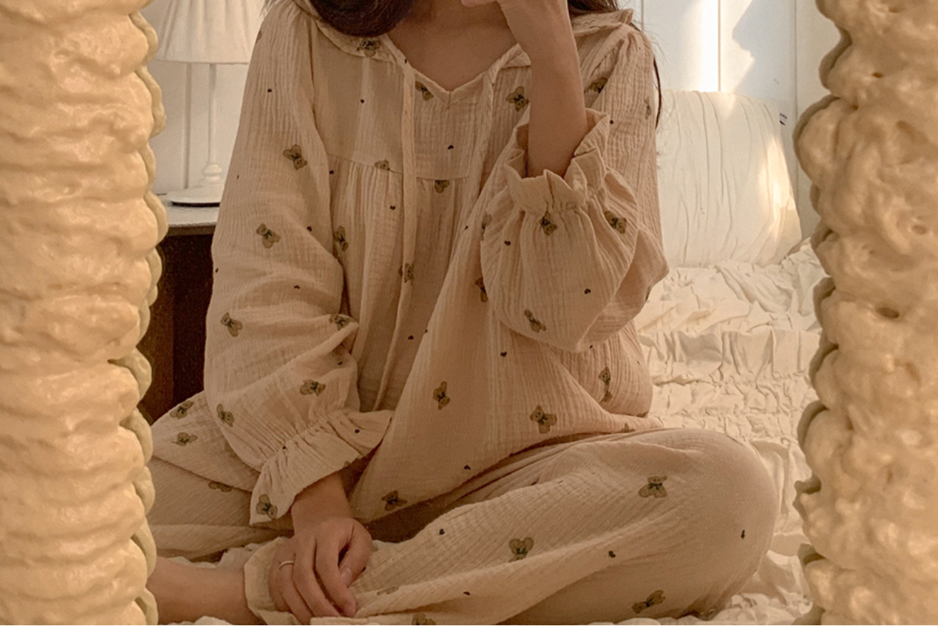 Vintage Bear Crinkled Cotton Long Sleeve PJ Set