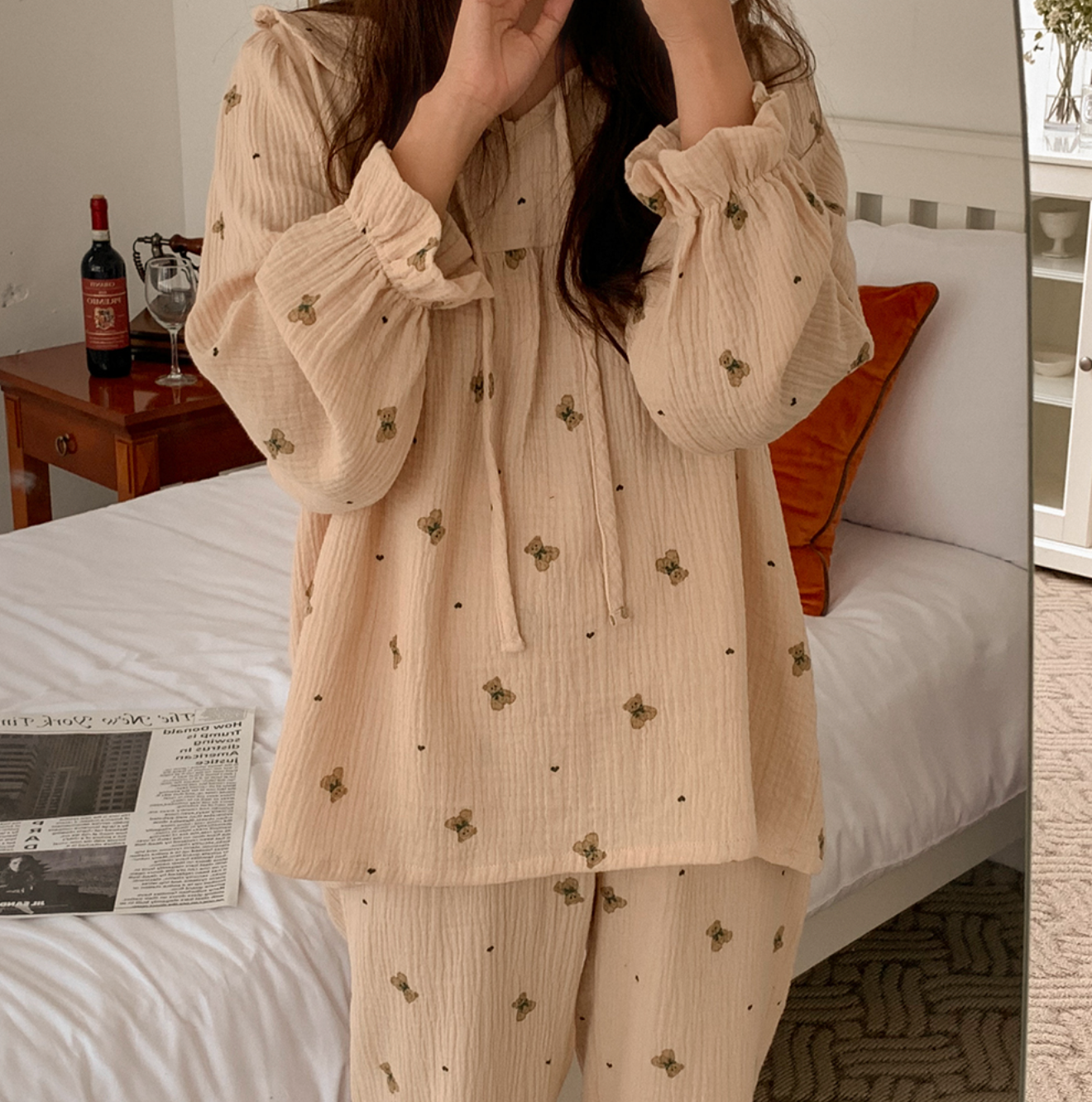 Vintage Bear Crinkled Cotton Long Sleeve PJ Set