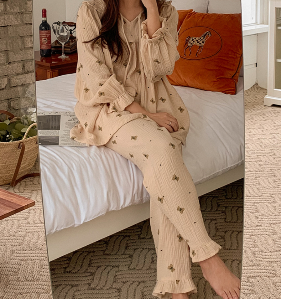 Vintage Bear Crinkled Cotton Long Sleeve PJ Set