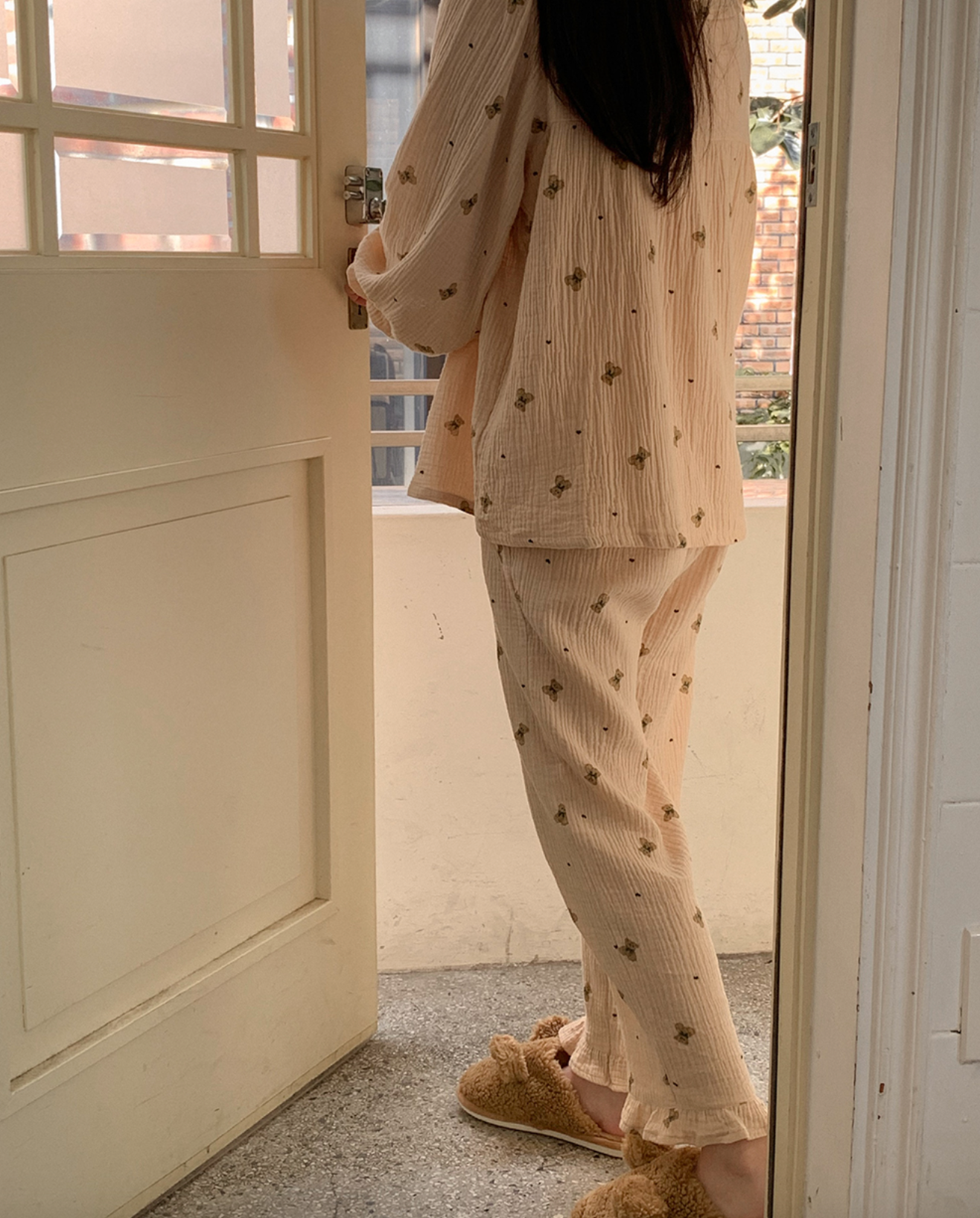 Vintage Bear Crinkled Cotton Long Sleeve PJ Set