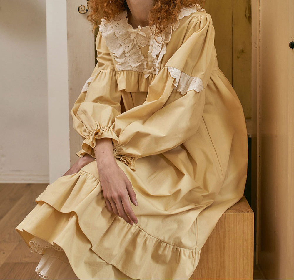 [ULLALA] Louise Long Sleeve Nightdress Yellow